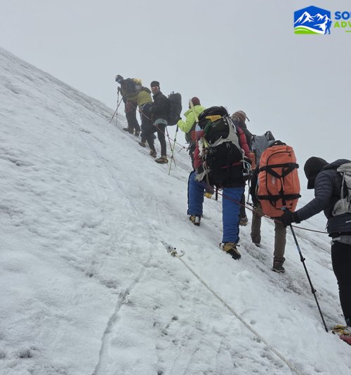 Trekking Team Ascending On Icy Section Advancing From Base Camp To Mera High Camp